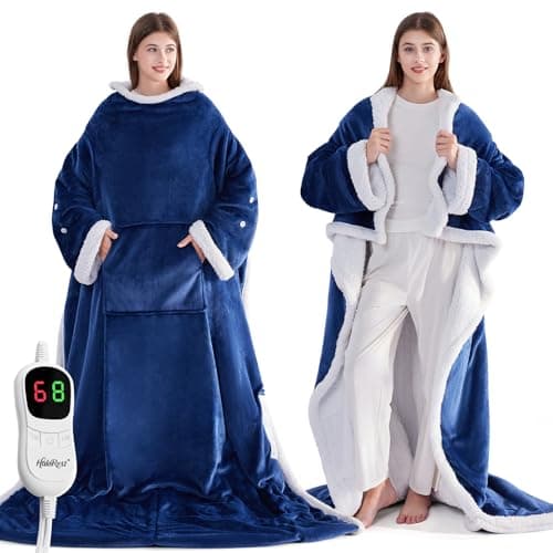HaloRest Wearable Heated Blanket with Foot Pocket, Electric Throw Blanket with Sleeves, Heated Cozy Warm Shawl with 10 Heat Settings and 1/2/4/6/8 Hours Auto-Off（50''x75'' Blue）