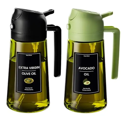 CXINYI - 16oz/470ml Olive Oil Dispenser for Kitchen with Stickers - 2 in 1 Olive Oil Sprayer for Cooking, Air Fryer, and Salad, Black&Green (Light-Proof Kitchen Gadget)