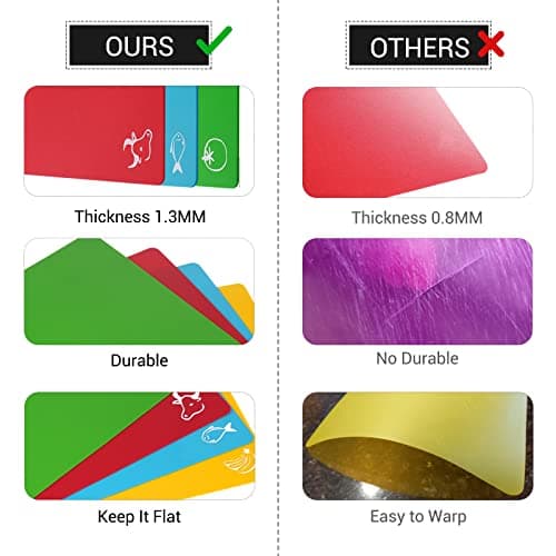 Kitchen Plastic Cutting Board Set - Extra Thick Flexible Cutting Mat for Cooking, Non-Slip Chopping Board with Colored Food Icons & Easy-Grip Handles, Dishwasher Safe, Set of 4 6