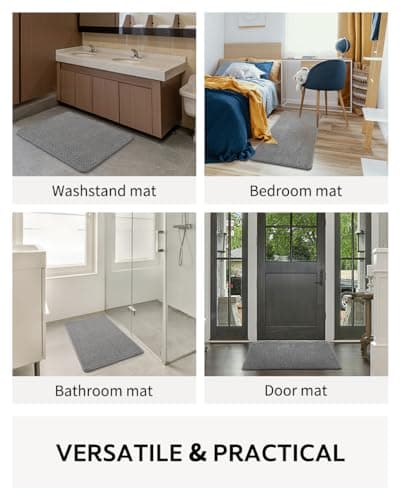 COCOER-Chenille Bath Mat-Rubber Backing Bathroom Rugs Non Slip-Super Absorbent Bath Mats for Bathroom Floor-Quick Dry Bathroom Mat Thin Bath Rugs Fit Under Door-Grey 17''x24'' 7