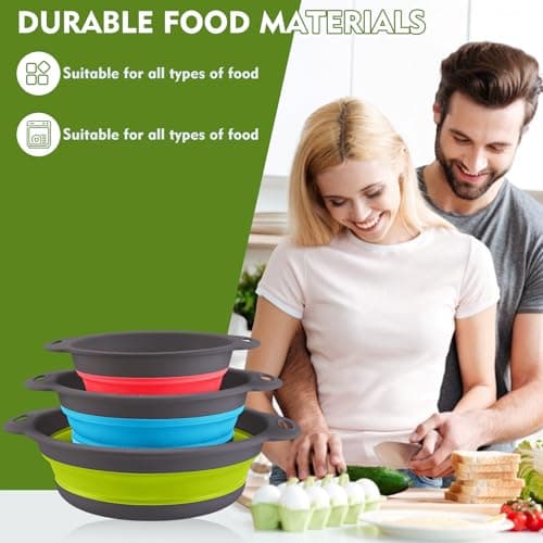 Silicone Colander Collapsible Strainers Set for Kitchen- 3 Pack (3Qt, 4Qt,5Qt) -Over Home Draining Basket, Food Vegetables & Fruits-Dishwasher Safe, BPA Free Space Saving Design (Green,Blue,Red) 6
