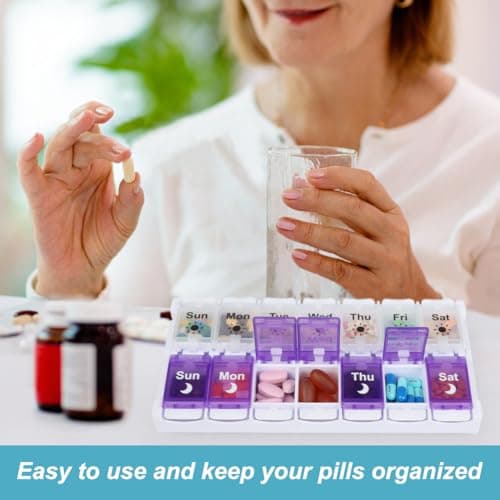 Shintop Am Pm Pill Organizer 7 Day, Push Button Weekly Pill Box 2 Times Removable Lid Medication Case Easy Fill Day Night Vitamin Container for Fish Oil Supplements (Purple & White) 7