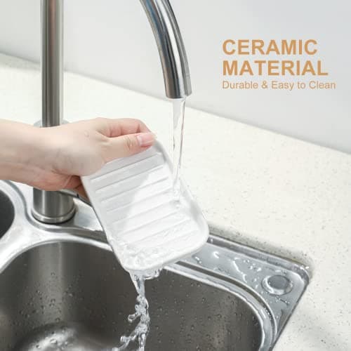 Nucookery 5" Ceramic Soap Dish Sponge Holder for Kitchen Sink Caddy, Dish Soap Holder for Bathroom Rectangle Easy to Clean 6