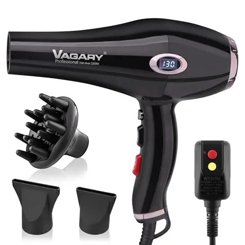 VAGARY Professional Salon 2200W Blower Dryer with Diffuser Concentrator Nozzles,Negative Ionic Blow Dryer,Low Noise Hair Dryers,2 Speeds and 2 Heat Settings 1 Cool Shot Button