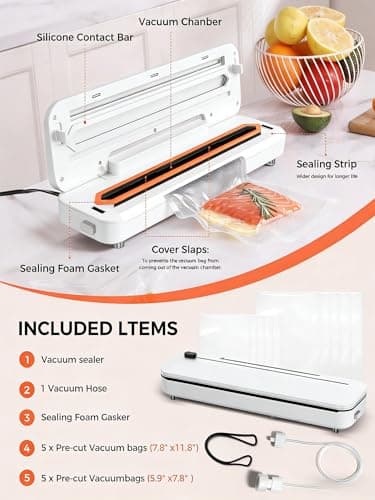 Vacuum Sealer Machine 75KPa Food with 6-in-1 Dry/Moist Modes & Digital Timer, Compact Lightweight Design, Built-in Cutter + 10 Bags (White) 6