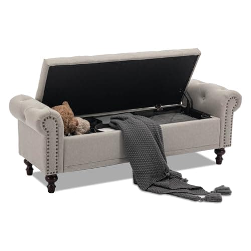 SOFTHION 58.1" Storage Bench Upholstered Linen End of Bedroom Bed Bench Ottoman with Tufted Cushioned Rolled Arm Large Storage Space for Reading Living Room Entryway, Light Brown