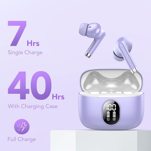Wireless Earbuds, 2025 New Bluetooth 5.4 Headphones HiFi Stereo with 4 ENC Mic, 40H Mini Ear Buds In-Ear Noise Cancelling Earbuds with Screen, Ultra Light Bluetooth Earphones Purple for Android iOS 5