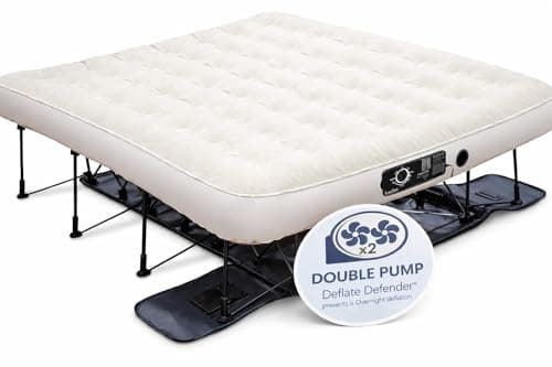 Ivation EZ®-Bed (King) Inflatable Air Mattress with Frame & Rolling Case, Built-in Deflate Defender™ Dual Pump Technology - 3 Min Self Inflate/Deflae Raised Blow up Bed on Legs, Premium Coil Design