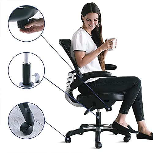 Modway Edge Mesh Back and White Vinyl Seat Office Chair With Flip-Up Arms - Computer Desks in Black 15