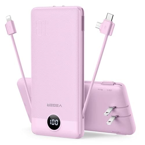 VEGER Portable Charger with Built-in AC Plug and Cables, All in One 10000mAh Ultra Slim Power Bank Travel Essentials, Fast Charging Battery Pack Compatible with iPhone, Samsung, Android (Purple)