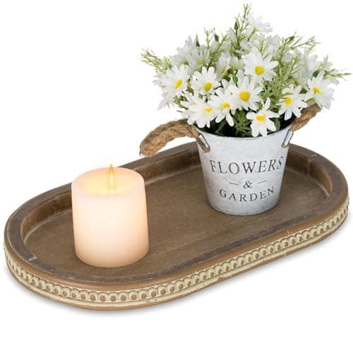 Hanobe Decorative Serving Tray Wood: Brown Bead Oval for Coffee Table Rustic Wooden Trays Decor Farmhouse Kitchen Counter Vintage Centerpiece Living Room Home Organizer, 15.15''x9.25''x1.18''