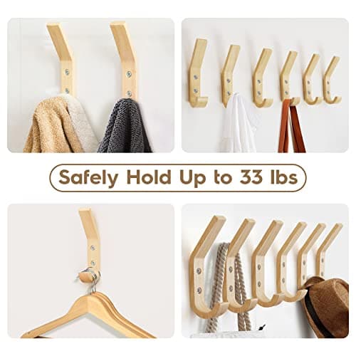 Watbeyoz Wooden Coat Hooks Wall Hooks,Natural Oak Wood Hooks Decorative Vintage Wood Wall Hooks Organizer Heavy Duty Wall Mounted Hooks for Hanging Coats, Key, Cap, Cup (4 Pack) 6