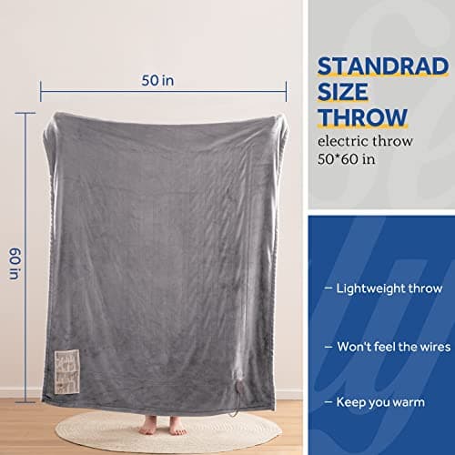 Sealy Heated Throw Blanket, Flannel Electric Blanket Throw with 6 Heating Settings & 2-10 Hours Auto Shut Off, Fast Heating & Machine Washable for Home Office Use, 50x60 Inch, Light Grey 7