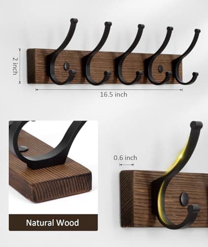 Optish Coat Rack Wall Mount, 16.5 Inches Wood Coat Hooks, Wall Hooks for Hanging, Hat Rack Bag Hanger Key Holder for Wall, Purse Hanger Towel Racks for Bathroom (1Pack, Brown) 7