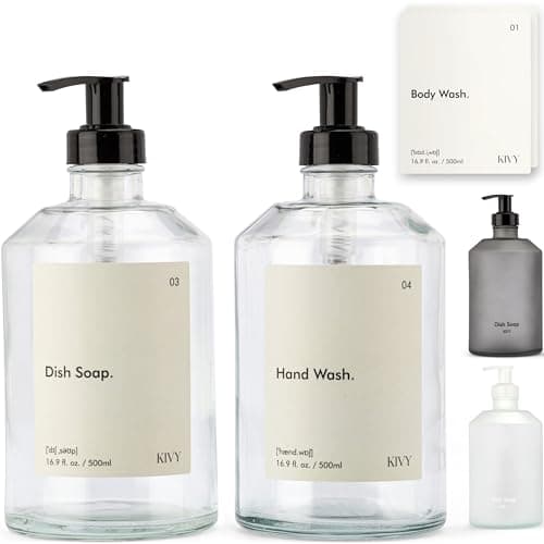 KIVY Glass Soap Dispenser Set [INCL. Waterproof Labels] - with Pump for Hand and Dish Soap - Kitchen & Bathroom Set - Refillable (2X 16oz)