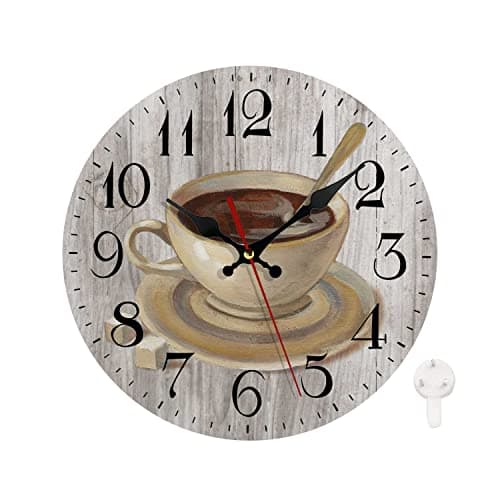 LOKMU Silent Non Ticking Clock 10 Inch, Round Wall Clock,Decorative for Living Room, Kitchen, Home,Bathroom, Bedroom, Office or School, Coffee Cup on Wooden