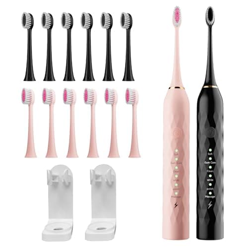MAXWISDOM Electric Toothbrush 2 Pack - Electric Toothbrush for Adults with 10 Replacement Brush Heads, 2 Toothbrush Holders, 6 Modes, Smart Timer, 2 Hours Charge for 60 Days (Black & Pink)