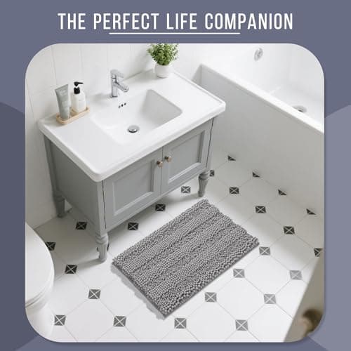 Yimobra Bathroom Rug Mat, Non Slip and Super Absorbent Bath Mat, Machine Washable Quick Dry, Ultra Plush Chenille Shower Rugs for Bathroom Floor Sink Tub and Shower Outside, Gray, 24 x 17 8