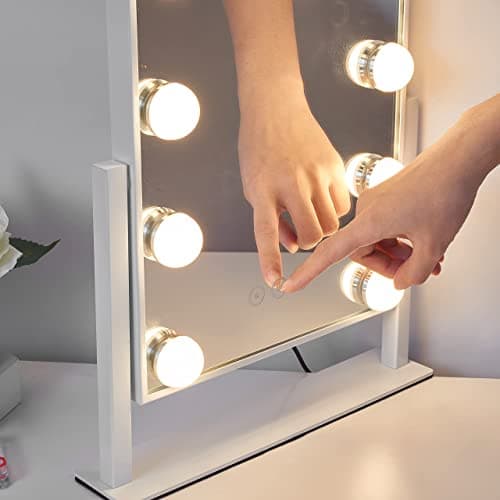 Kotdning Vanity Mirror with Lights,Lighted Vanity Mirror with 9 Dimmable Bulbs for Dressing Room & Bedroom,3 Color Lighting,Modes Detachable 10x Magnification 360°Ratation(White) 12" L x 14.4" W 7