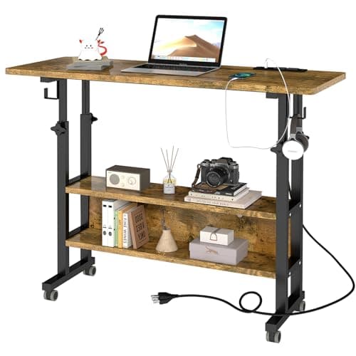 Hadulcet Small Standing Desk with Charging Station, Rolling Desk Adjustable Height, Mobile Laptop with Wheels, Portable Stand Up for Treadmill Walking Pad, 31.5 x 15.7 in, Rustic Brown 5
