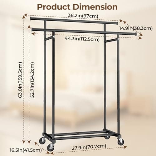 HYSEYY Double Rods Clothes Rack, Rolling Clothing Rack for Hanging Clothes Portable Wardrobe Rack, Metal Garment Rack Sturdy Coat Rack for Bedroom Laundry Living Room, Black 7