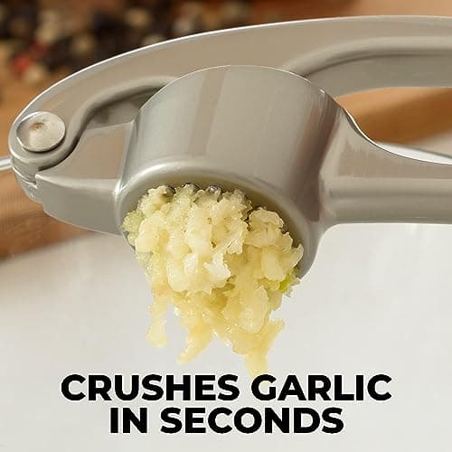 Zulay Kitchen Premium Garlic Press Set - Rust Proof Professional Garlic Mincer Tool - Easy-Squeeze, Easy-Clean with Soft, Ergonomic Handle - Silicone Garlic Peeler & Brush (Silver) 6