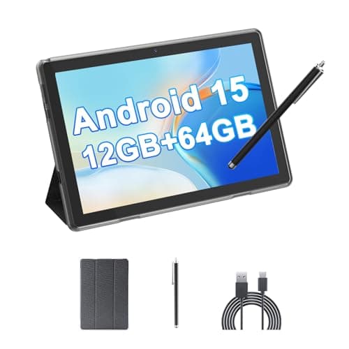 HOTTABLET Tablet 10-inch Android 15, RAM 12GB(4+8Expand) +ROM 64GB, 2+8MP Dual Camera, 6000mAh Battery (Tablet+case+Stylus)(Black)