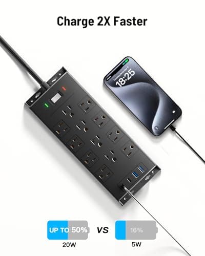 Surge Protector Power Strip 4800J, LeZone 10Ft Long Extension Cord Flat Plug, 12 Outlets 2 USB C 2 USB Ports, Wall Mountable, 20W Desk Charging Station, Black 7