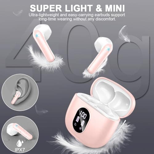 Wireless Earbuds, Bluetooth 5.4 Headphones 50H Playback Bass Stereo Ear Buds with 4 ENC Cancelling Mics, Bluetooth Earbuds Dual LED Display IP7 Waterproof in-Ear Earphones USB-C for Android iOS Pink 7