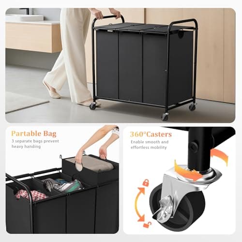 160L (42 Gal) Laundry Sorter 3 Section, Rolling Laundry Basket with Lockable Wheels and Lid, Laundry Hamper with 3 Separated Removable Bags Dirty Clothes Hamper for Laundry Room Organizer, Black 3
