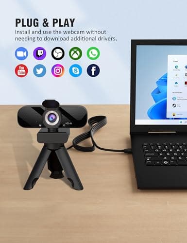 Tewiky Full HD Webcam with Built-in Microphone and Rotatable Tripod, 4K Video and Wide Angle Camera, Privacy Cover, for Desktop PC or Laptop Computer 6