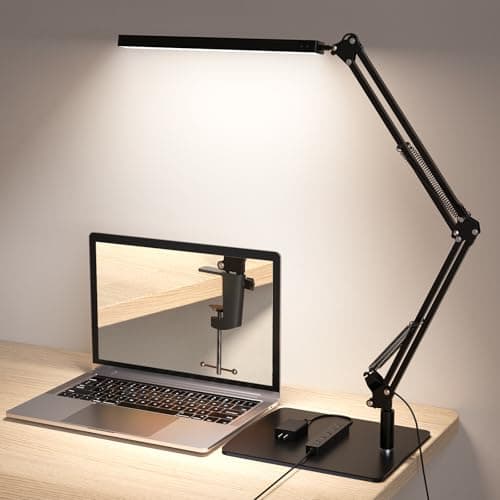 TROPICALTREE LED Desk Lamp for Home Office and Round Base, Clamp-On with 5 Light Modes & Auto Shut Off | 14W Adjustable Brightness 5000K Eye-Caring Lighting for Study/Bedroom/Computer Desk