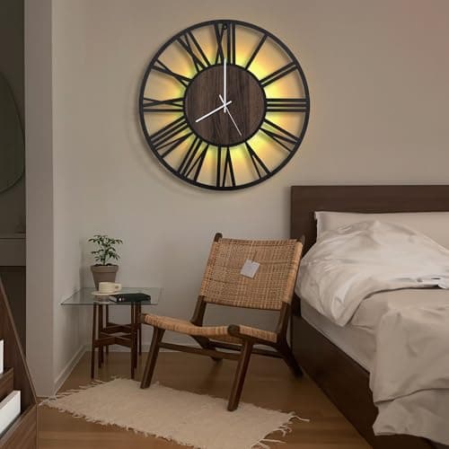 LEIKE Large LED Wall Clocks,Silent,Non Ticking,Battery Operated Rustic Round Modern Big Wood Wall Clock for Living Room, Bedroom,Kitchen,Farmhouse,Office,Home Decor -24" Black,LED,Roman Number 7