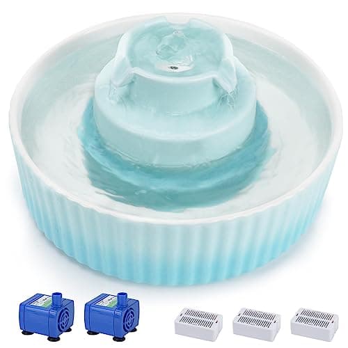 Lawfery Ceramic Cat Water Fountain, 2.1L/71oz Cat Fountain with 3 Carbon Filters and 2 Quiet Pumps, Cupcake Pet Water Dispenser for Cats and Dogs (Light Blue)