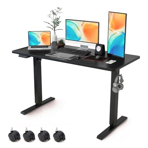 Electric Standing Desk Adjustable Height - Rolling Sit to Stand Desks on Wheels - Mobile Standup Computer Table 48 Inch Black One Piece Desktop and Rising Frame with Storage for Home Office & Gaming