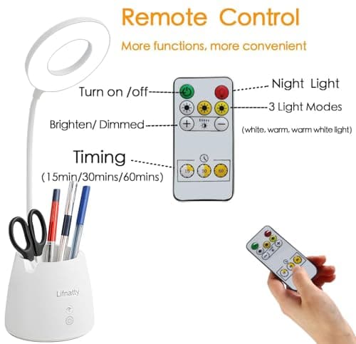 Lifnatty Desk Lamp, Led Desk Light, Dimmable Small Table Lamp for Home Office, Remote Control, 3 Modes, Gooseneck, Rechargeable Study Light for College Dorm Room 7