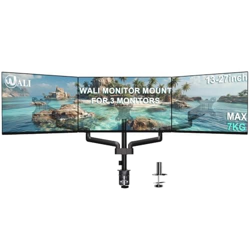 WALI Triple Monitor Mount for 13-27 inch Screens, Adjustable 3 Monitors Desk Mount with Swivel, Tilt, Clamp & Grommet Kit, Gas Spring Arm Triple Monitor Stand, VESA 75x75/100x100mm (GSDM003), Black