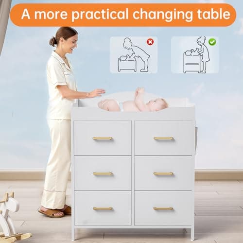 White Changing Table Dresser with 6 Fabric Drawers and Side Pockets, Nursery Dresser with Changing Top, Baby Dresser with Drawers, Diaper Changing Station for Nursery and Bedroom 9