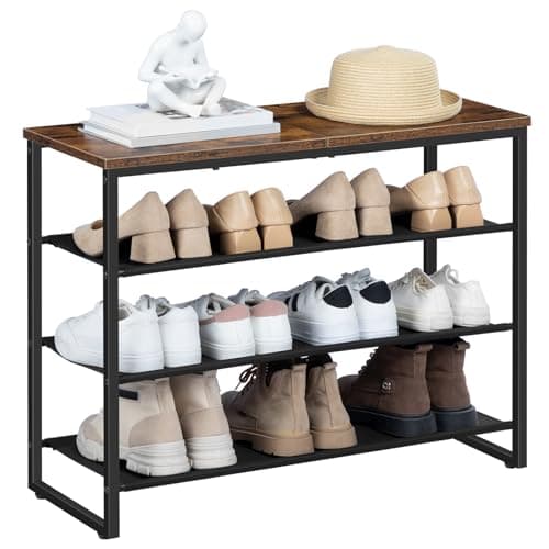 HOOBRO Shoe Rack, 4 Tier Shoe Storage Organizer with 3 Oxford Fabric Shelves and Top Panel, Holds 12-16 Pairs of Shoes for Entryway and Closet, Industrial, Rustic Brown BF47XJ01G1 8