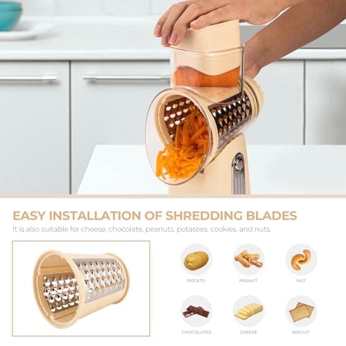 SUSTEAS Rotary Cheese Grater with Handle - Vegetable Shredder with 5 Well-designed Blades & Strong Suction Base,Round Mandoline Slicer & Food Chopper for Kitchen,with Blade Storage Box(Beige) 5