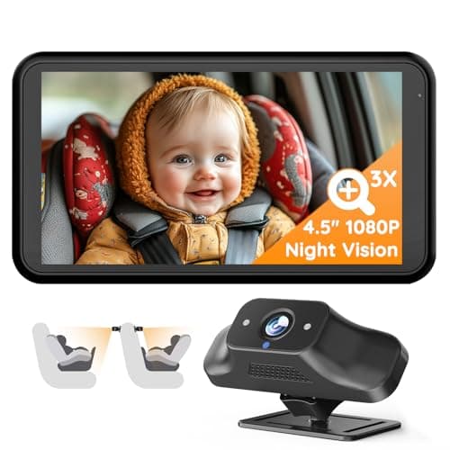 Babyvue BC1 Baby Car Camera, 4.5" 1080P HD Screen & 3X Zoom, AUTO IR Night Vision Car Baby Monitor with Adjustable Brightness, 2-Min Easy Install Car Seat Camera for Babies & Pets to Drive Safely