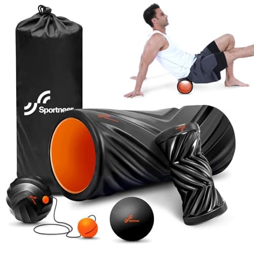 Sportneer 4 in 1 Foam Roller Set: Dual Textures Muscle Roller, Foot Roller, Stringed Lacrosse Ball, Foam Muscle Roller for Whole Body Release, Black 8