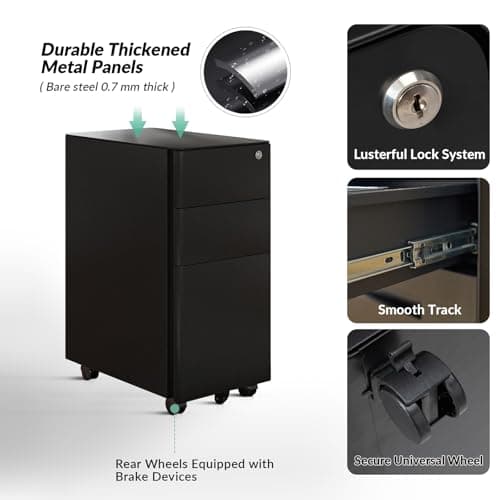 EcoHarbor Living 3 Drawer Small File Cabinet with Lock, Metal Filing Cabinets for Home Office, Anti-Tilt Rolling and Under Desk Cabinet for Letter/Legal/A4 File, Pre-Assembled, Black 5