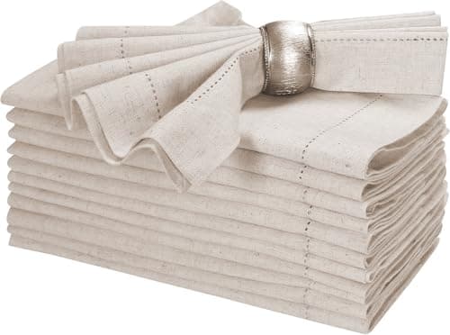 Bedding Craft Linen Flax Cotton Cloth Dinner Napkins Set of 12 – 18x18 Natural Fabric with Hemstitched Mitered Corners – Machine Washable Wedding, Cocktail & Party Table Napkins