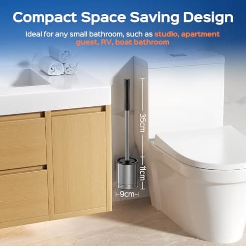 HAMITOR Toilet Bowl Brush Set: Compact Space-Saving Design with Hidden Holder for Small Bathrooms, Apartments & RVs - Bathroom Cleaning Accessories - Rustproof Toilet Scrubber Cleaner Kits Silver 7