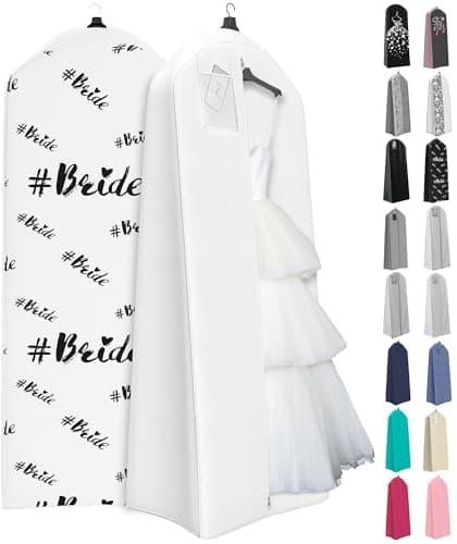 Your Bags Wedding Dress Garment Bag – 72" Garment Bags for Hanging Clothes with 20" Gusset for Puffy Gowns – Durable Cover for Travel or Storage – Rip-Resistant with ID Window - White/Black, BRIDE