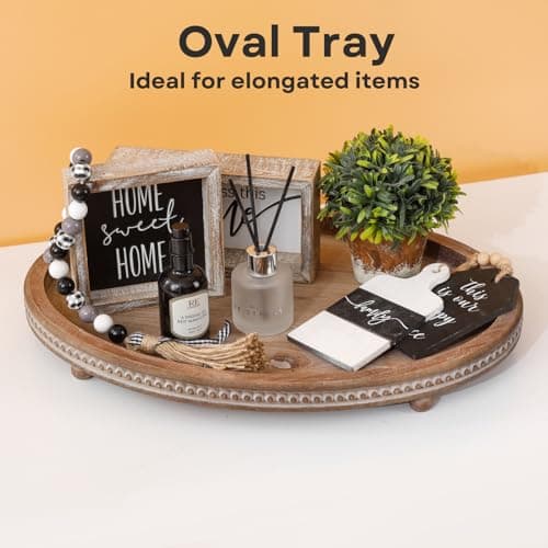 FESTWIND Decorative Tray, Oval Wooden Tray for Coffee Table Decor Kitchen Dinning Table Entryway, Small Beaded Tray for Holidays, Distressed Brown 5