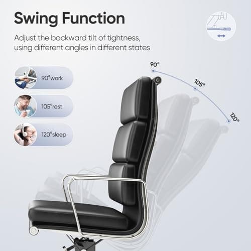 Genuine Leather Office Chair, Padded Executive Desk Chair with Arms and Wheels, Modern Rolling Leather Desk Chair with Lumbar Support, Ergonomic Chair with Aluminum Arms and Base Black 6