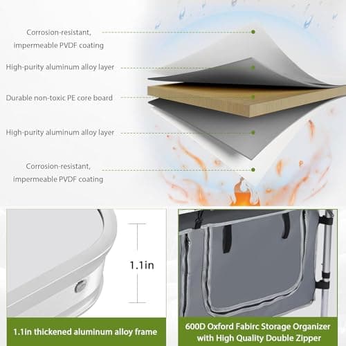 JOUYEK Camping Table, Folding Camping Table with Storage, Portable Kitchen Table, Lightweight, 3 Heights Adjustable Camping Furniture for BBQ, Picnic, Camping, Hiking, Beach, and Indoor 5