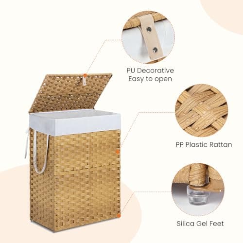 DUMOS Woven Laundry Basket with Lid, 90L Large Capacity Hamper, Removable & Machine-Washable Liner, Foldable Rattan Clothes Hamper, Sturdy Steel Frame, Odor Control, Goose Yellow 7